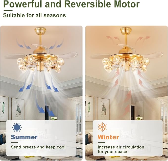 48" Chandelier Ceiling Fans with Lights: 12-Light Sputnik Crystal Ceiling Fan Chandelier - Modern Retractable Fandelier Ceiling Fan for Dining Living Room Bedroom - Gold Fandelier with Lights