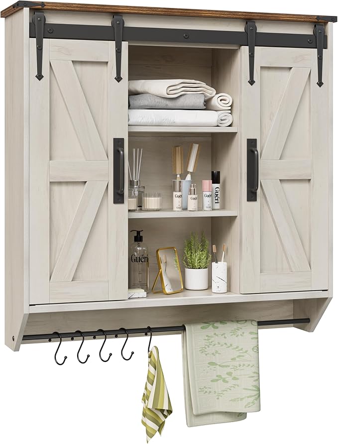 Farmhouse Medicine Cabinet 2 Sliding Barn Doors 3 Tier Rustic Wood Wall Storage Cabinet Adjustable Shelf Towel Bar Wall Mounted Bathroom Wall Cabinet (Antique White, 30.71 Inch)