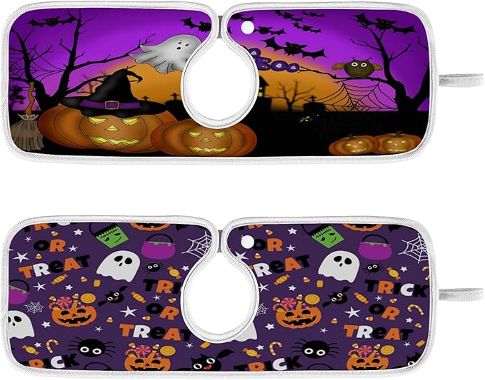 Happy Halloween Purple Faucet Sink Mat for Kitchen 2 Pack Spooky Ghost Pumpkin Bat Witch Bathroom Drying Mat Absorbent Splash Water Catcher Mats Microfiber Cloth Drip Protector Splash Pad 14x5 Inches