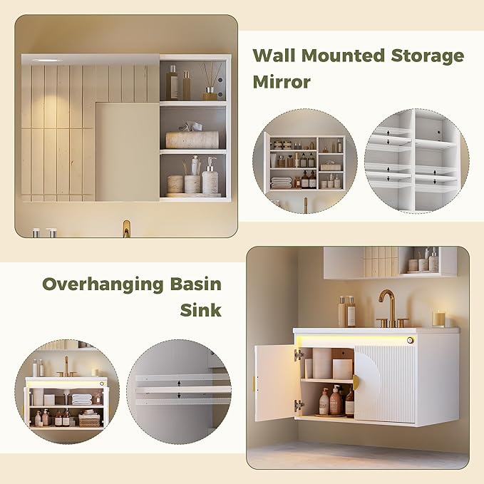 IRONCK Floating Bathroom Vanity with Sink, Mirror Medicine Cabinet, LED Strip Light, 30 Inches Modern Wall Mounted Sink Cabinets & Mirror Cabinets Set with Large Storage Space, White
