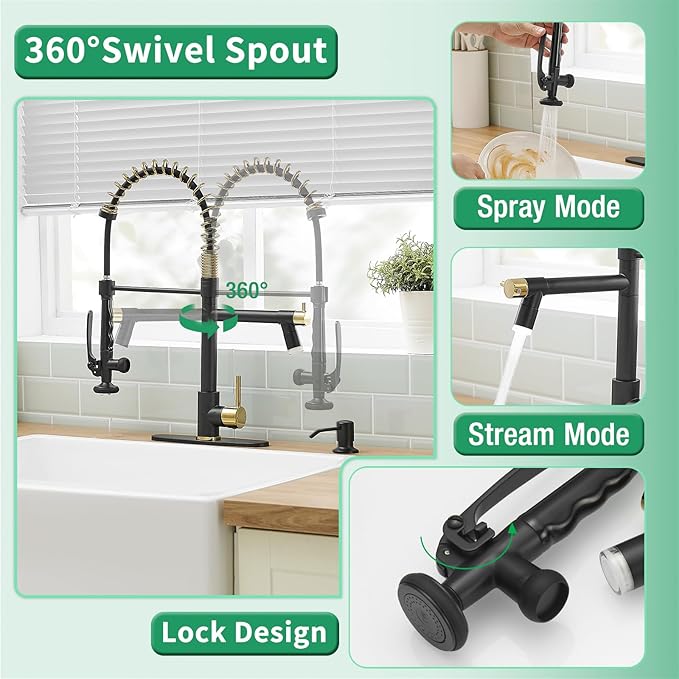 Fapully Commercial Kitchen Faucets with Pull Down Sprayer Matte Black&Gold LED Kitchen Faucet with Soap Dispenser and Deck Plack for 4 Hole, Single Handle Faucet for Kitchen Sink