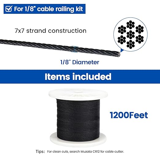 Muzata 1200 ft 1/8" Black Stainless Steel Cable Railing System Hardware T316 Stainless Steel Wire Rope 7x7 Strands 1800 lb Breaking Strength Black Cable Railing Kit for Indoor Outdoor WR19