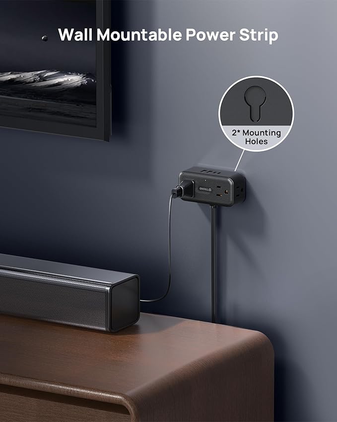 TROND 360° Rotating Flat Plug Power Strip, 3FT Extension Cord with 4 USB Ports, 4 Wide Spaced AC Outlets, Wall Mount, 900J Surge Protector for Office Travel Dorm Room Essentials, Black