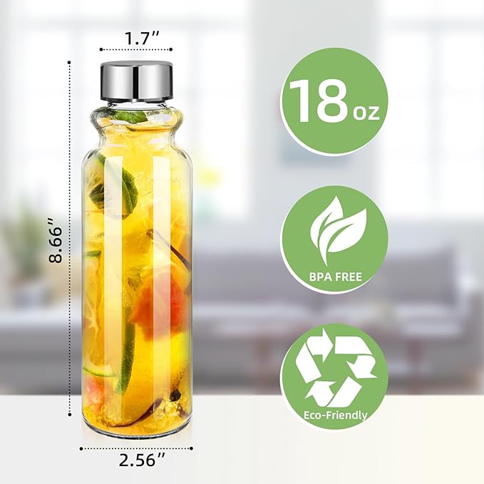 GoldArea Glass Water Bottles - 2 Packs 18oz Glass Bottles with Lids - Ideal for Juice, Juice Cleanses, and Reusable Juicing Bottles，Wide Mouth Liquid Storage Containers for Refrigerator
