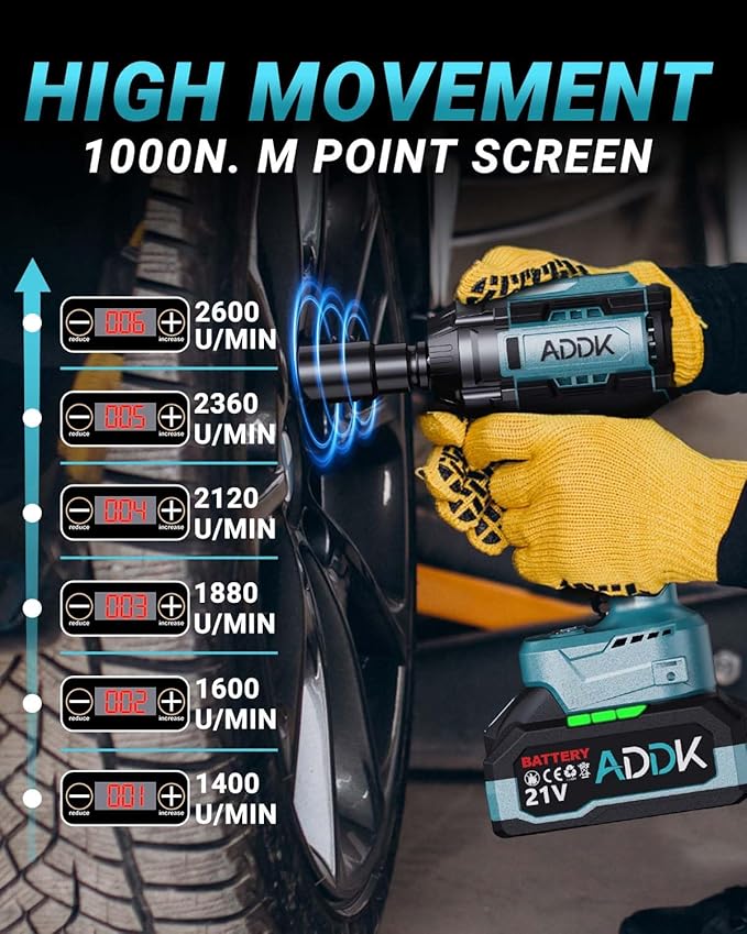 21V Cordless Impact Wrench Kit, 750Ft-lbs (1000N.m) 1/2" Brushless Impact Gun with 6 Mode Speed, Electric 2600RPM High Torque Power Impact Driver for Car Truck Mower (1000Nm)