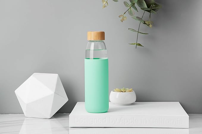 veegoal Glass Water Bottles 25 Oz Borosilicate with Bamboo Lid, BPA-FREE, Non-Slip Silicone Sleeve, and Stainless Steel Leak Proof Lid - Reusable Glass Bottle for Men and Women