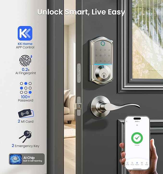 Veise VE017-L Fingerprint Smart Lock with 2 Lever Handles, Keyless Entry Front Door Lock Set, App Control, Electronic Digital Keypad Deadbolt, Easy Installation, Emergency Power Port, Satin Nickel