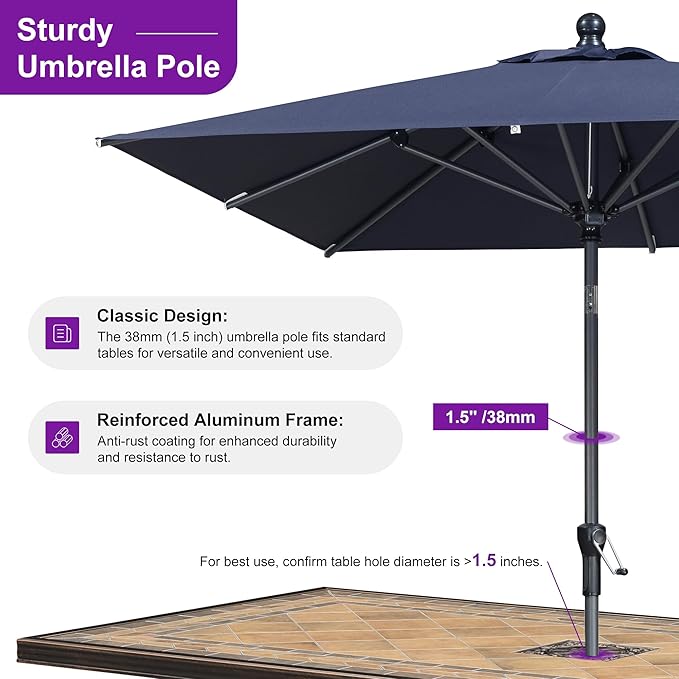 PURPLE LEAF 6.5' x 6.5' Square Patio Umbrella Outdoor Table Umbrella Aluminum Frame Market Umbrella Sun Umbrella with 8 Sturdy Ribs Tilt for Garden Deck Lawn Pool Light Navy Blue
