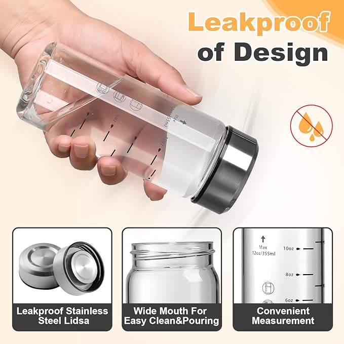 SIEROZUR Juice Bottles - 4 Pack Wide Mouth Glass Bottles with Lids - for Juicing, Smoothies, Infused Water, Beverage Storage - 12oz, BPA Free, Stainless Steel Lids, Leakproof, Reusable, Borosilicate