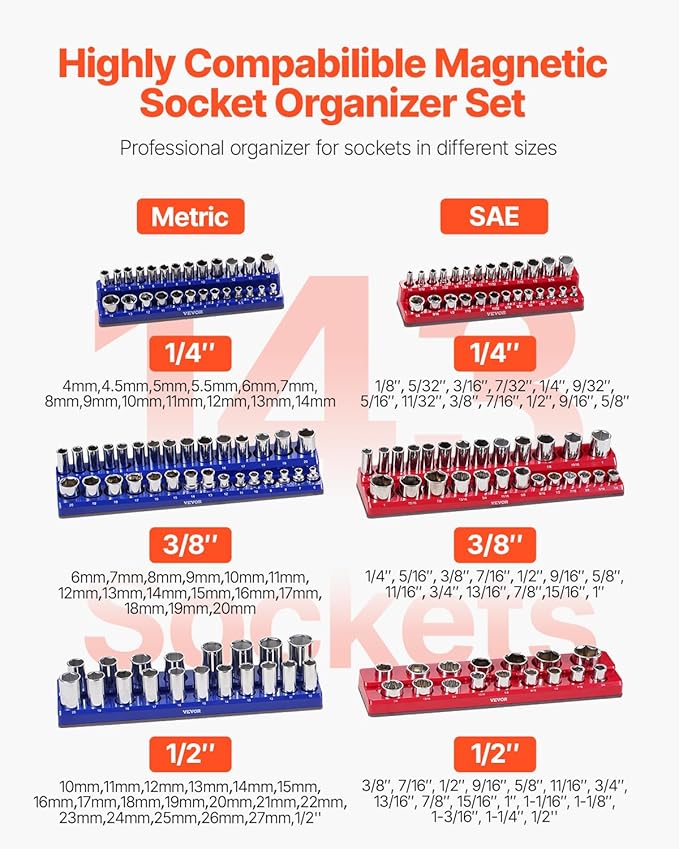 VEVOR Magnetic Socket Organizer Set, 6PCS Socket Holder, 1/4'', 3/8'' & 1/2'' Metric SAE Socket Trays with Clear Labels, Hold up to 143PCS Standard & Deep Sockets, Blue & Red (Sockets Not Included)