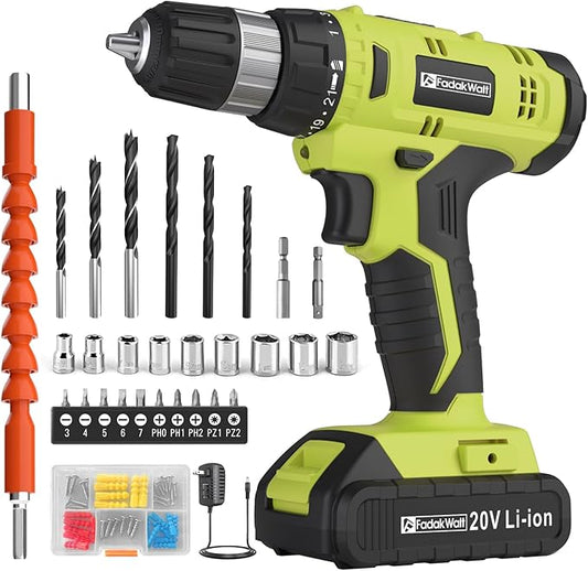 Cordless Drill Set, 20V Electric Power Drill with Battery And Charger, Torque 30N, 21+1 Torque Setting, 3/8-Inch Keyless Chuck, Drill Driver Bits Kit, with LED Electric Drill Set. （green)