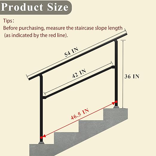 Handrails for Outdoor Steps, 54" x 36" Fits 3-4 Steps Stair Handrail & Indoor Stair Railing Kit, Metal Hand Rails for Stairs, Outdoor Handrail, Easy Install Stair Handrail, Black(1 Pack)