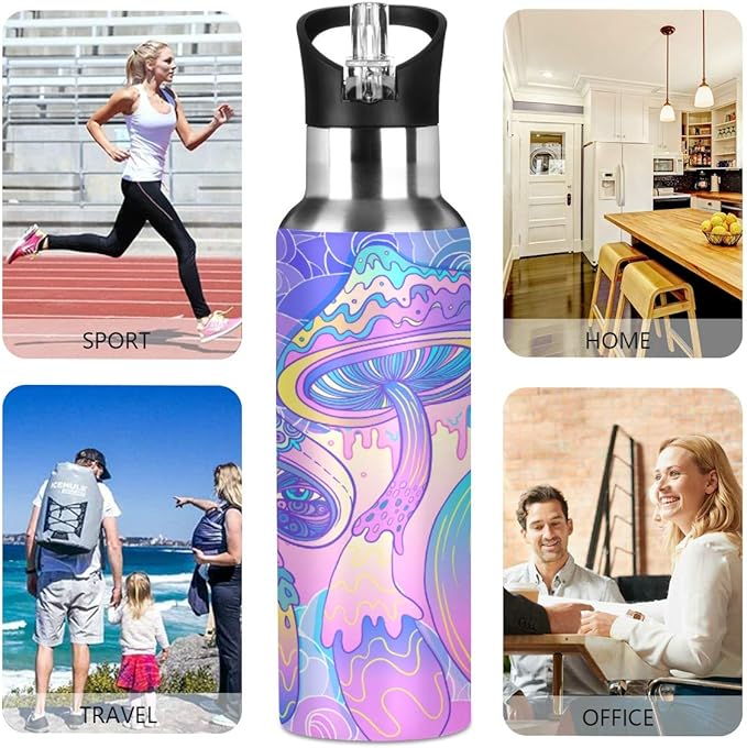 Magic Mushrooms Water Bottle with Straw Lid for Fitness Gym Camping Outdoor Sports, Wide Mouth Vacuum Insulated 18/8 Stainless Steel, 22 oz