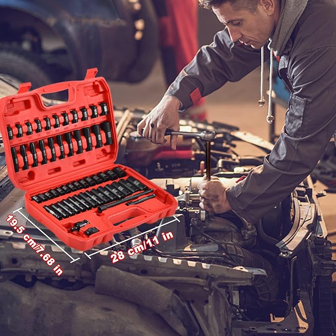 AOBEN 1/4-Inch Drive Impact Socket Set, 54 Pieces, 6 Point, SAE/Metric, (5/32" - 9/16" ，4mm -15mm)，Deep/Shallow, Cr-V Steel, Includes Extension bars and Socket Adapter