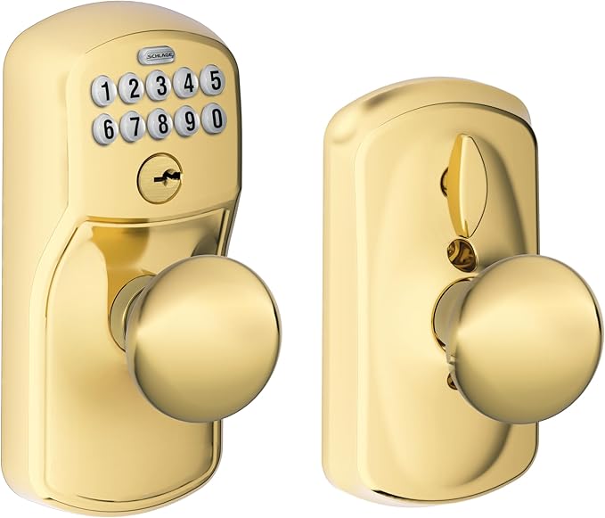 SCHLAGE FE595 PLY 505 PLY Plymouth Keypad Entry with Flex-Lock and Plymouth Style Knobs, Bright Brass