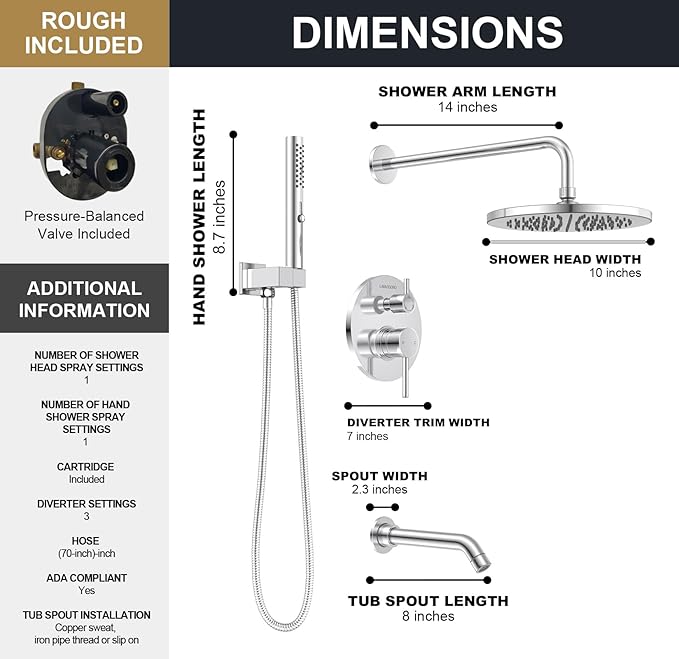 Lava Odoro Modern 3-Setting Round Rain Bathtub and Shower Faucet Set, Chrome Rainfall Shower Head and Handle Set, Rain Shower System with Tub Spout, Shower Valve Trim Kit, Chrome, SF104-C-T