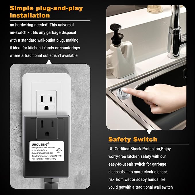 Garbage Disposal Air Switch Kit - UL Certified Sink Top Switch with Long 3.5" Brass Button by UHOUSING, Complete All-in-One Kit for All Disposals (Chrome)