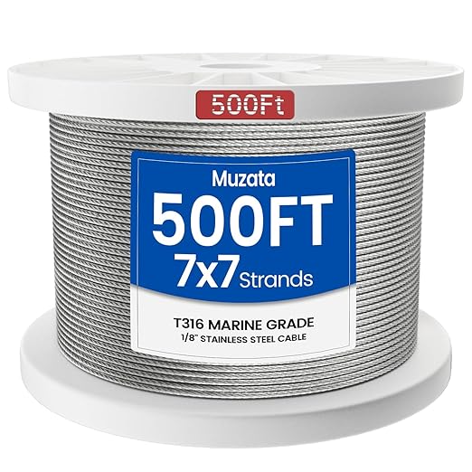 Muzata 500 ft 1/8" Stainless Steel Cable Railing System Hardware T316 Stainless Steel Wire Rope 7x7 Strands 1800 lb Breaking Strength Deck Cable Railing Kit for Indoor Outdoor Coastal WR02