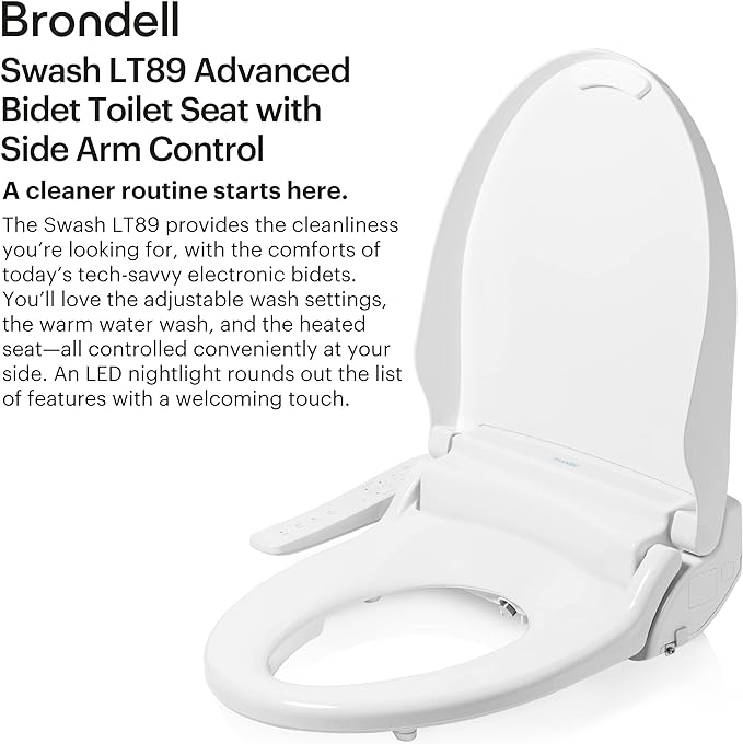 Brondell LT89 Electric Bidet Toilet Seat, Fits Elongated Toilets, White – Side Arm Control, Warm Water Wash, Strong Wash Mode, Stainless-Steel Nozzle, Nightlight and Easy Installation