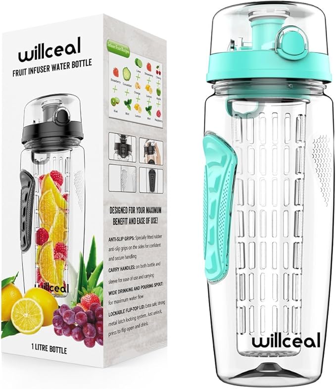 Fruit Infuser Water Bottle 32oz- Durable, Large - BPA Free Tritan, Flip Lid, Leak Proof Design - Sports, Camping