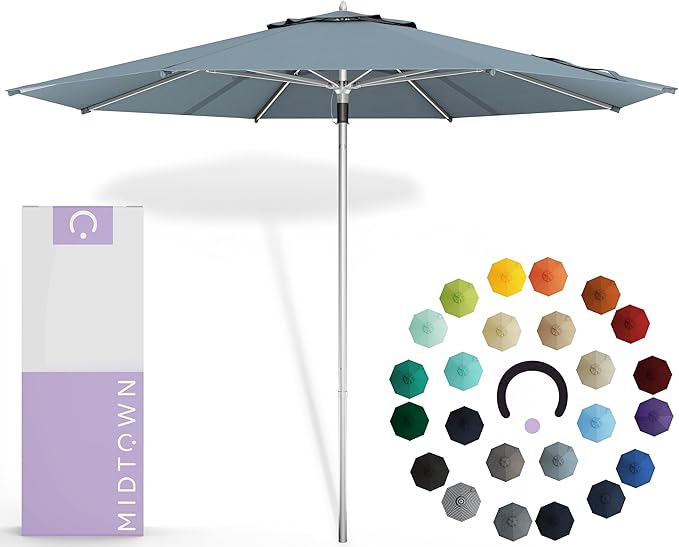 Midtown Umbrellas Push Pop Sunbrella Umbrella 8 Feet Outdoor Umbrella in Canvas Haze Acrylic Fabric - Patio, Backyard, Garden, Picnic Table & Pool - Black Pole