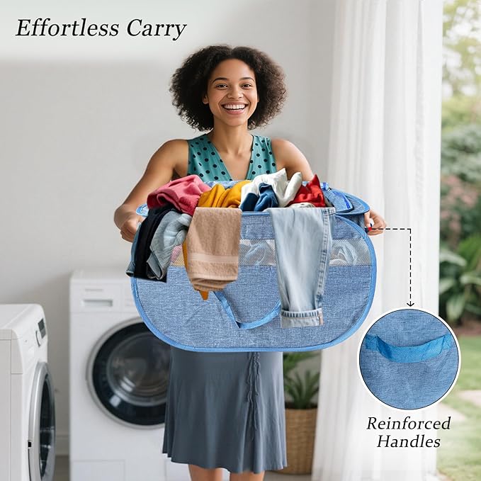 Upgraded 100L Extra Large Mesh Pop Up Laundry Hamper with Lid and Handles. XL Closet Storage Bins, Dirty Clothes Basket for Dorm Home, Foldable Laundry Basket. Blue. H