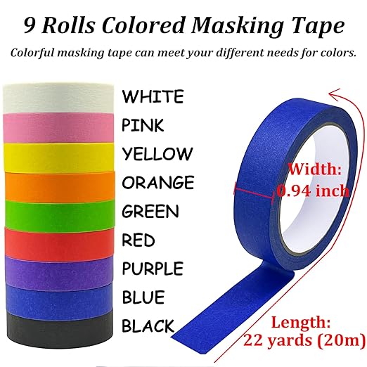 Colored Painters Tape, Colorful Masking Tape, Premium DIY Crafts Tape Rolls (0.94in x 22yds*9 Rolls) for Kids Arts Supplies, Drafting Paint Tape for Labeling, Decoration, Classroom, Teaching