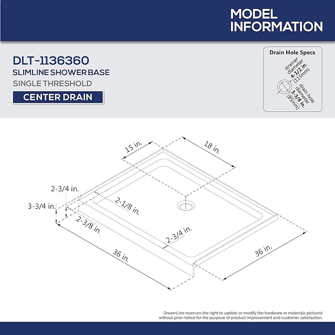 DreamLine SlimLine 36 in. D x 36 in. W x 2 3/4 in. H Center Drain Single Threshold Shower Base in Biscuit, DLT-1136360-22