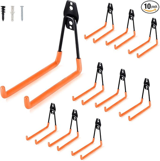 Aoben Heavy Duty Steel Garage Storage Hooks - Utility Tool Hangers and Combinable Wall Mount Hooks for Organizing Ladder, Hold Chairs, Heavy Tools (Large U, 10 Pack)