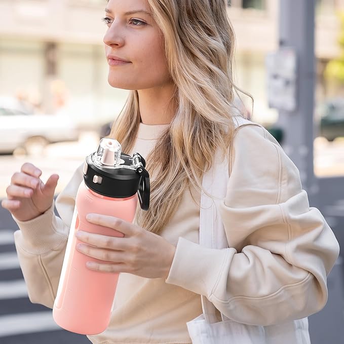 Kodrine Water Bottle With Straw and Carry Handle, Glass Water Bottle 24 oz Leak Proof Locking Lid with Soft Silicone Spout, Small Clear Water Bottle, Travel Sports Water Jug, Time Marker, Pink