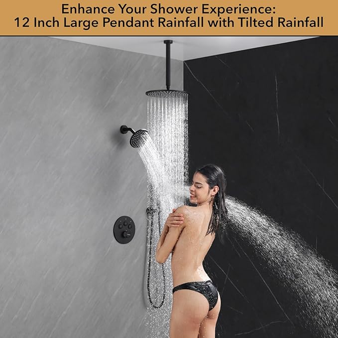 VANFOXLE Thermostatic Shower Faucet Set Matte Black Shower System,Push Button Diverter Shower Faucet with 2 in 1 Handheld,Ceiling Mount Increased Thickness 12 Inch Shower Head with 6 Inch Shower Head