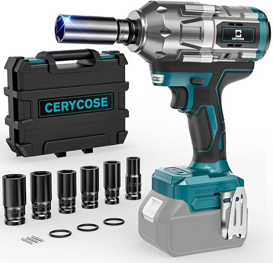 Cordless Impact Wrench 1/2 inch for Makita Battery 900FT-LBS with 6 Sockets and Durable Toolbox Brushless Impact Gun Includes LED Work Light - High Torque Impact Driver, No Battery