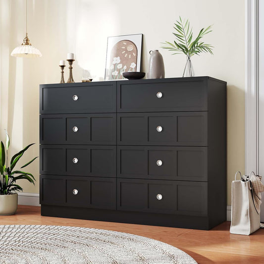 Wood Dresser for Bedroom 8 Drawer: 47" Black Chest of Drawers Wood, Modern Fluted Cabinet with Sturdy Storage, Wide Aesthetic Furniture for Room Organization