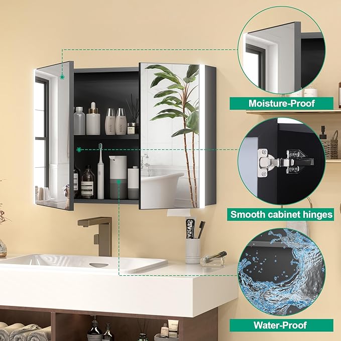 32x24 Inch Medicine Cabinet with LED Light Mirror, Brightneess Adjustable and Full-Assembled Bathroom Aluminum Cabinet with Storage, Surface or Recessed Tempered Cabinet, Farmhouse Black