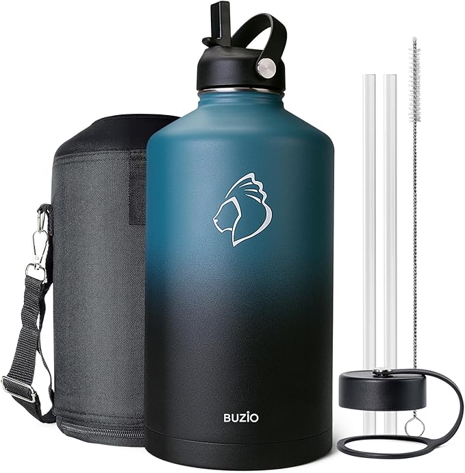 BUZIO 1 Gallon Water Jug with Straw Lid, 128oz Water Bottle Stainless Steel Double Wall Hydro Jug Water Flask 18/8 Food Grade Thermo Mug Keep Cold 48H & Hot 24H, Indigo Crush