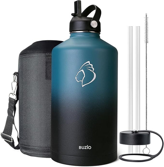BUZIO 1 Gallon Water Jug with Straw Lid, 128oz Water Bottle Stainless Steel Double Wall Hydro Jug Water Flask 18/8 Food Grade Thermo Mug Keep Cold 48H & Hot 24H, Indigo Crush
