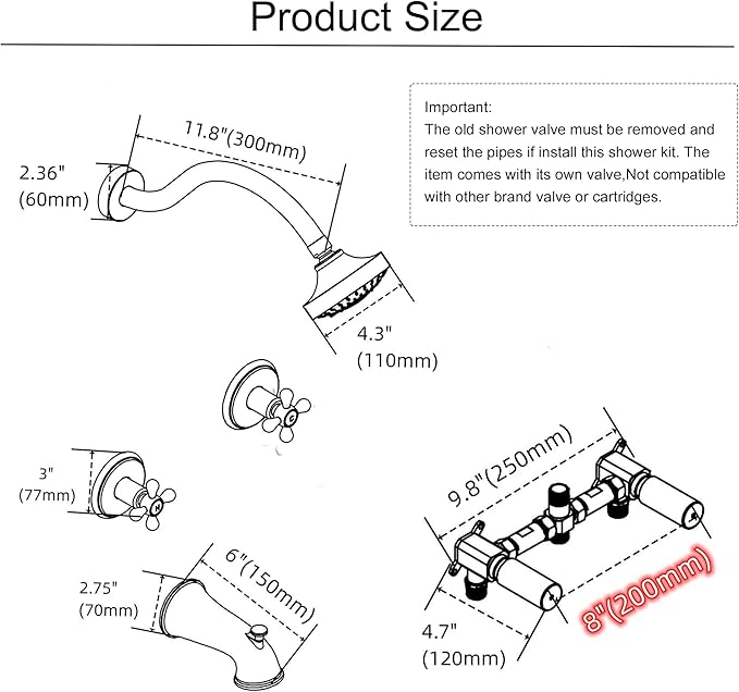 2 Handle Shower Faucet Set, Matte Black Two Handle Shower Faucet Set with Tub Spout 2 Knobs Tub and Shower Trim Kit Combo Set Wall Mounted Shower System Complete