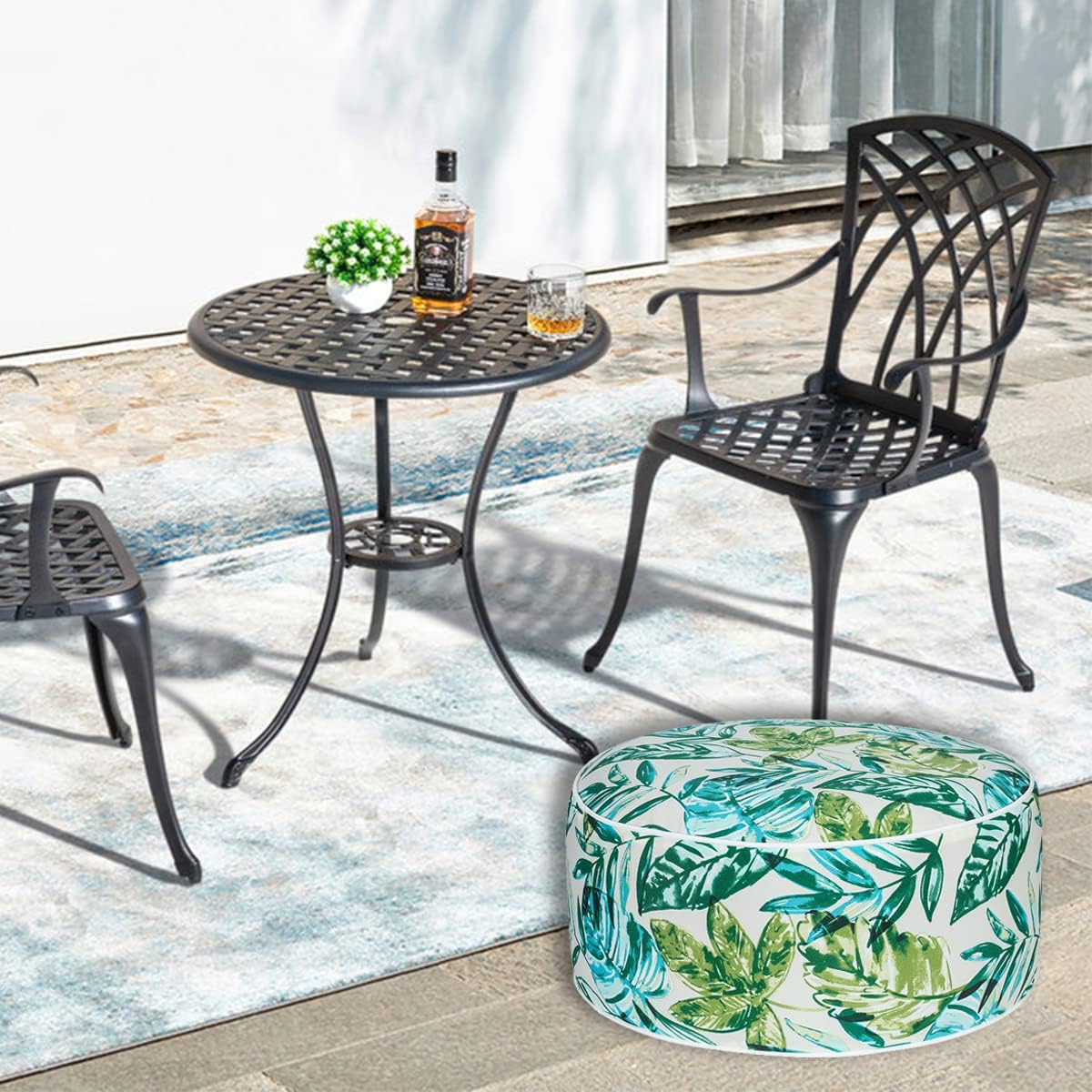 FUNHOME Inflatable Outdoor Ottoman with Air Pump,20"x9" Portable Patio Pouf,Water Resistant,Fade-Resistant,Round Blow Up Footrest Stools for Home Garden Camping Travel(Palm Leaf)