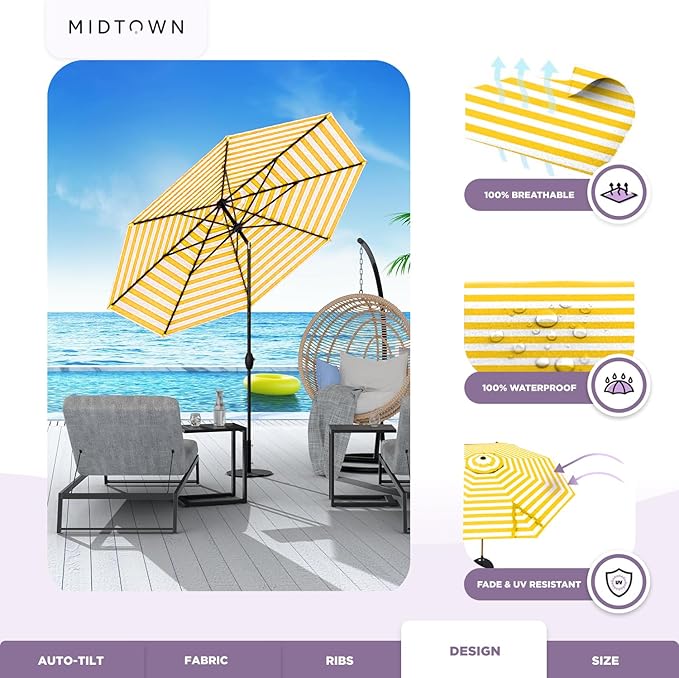 Midtown Umbrellas 10-Year-No-Fade - 10 Feet outdoor umbrella Terylast White/Yellow Stripes Polyester Fabric - Auto-Tilt Aluminum Frame Patio Umbrella For Deck, Garden, Pool - Black Pole