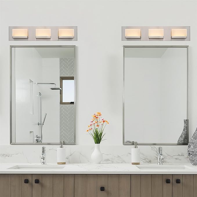 Kira Home Everett 24" Modern 3-Light 30W Integrated LED (180W eq.) Bathroom / Vanity Light, Rectangular Acrylic Lenses, Energy Efficient, Eco-Friendly, 3000k Warm White Light, Brushed Nickel Finish