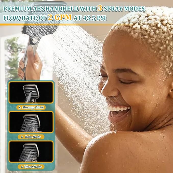 1Pc 304 Stainless Steel Shower Faucet Set, Rain Shower Head with Handheld Spray, Square Shower Head with 3 Setting Handheld Combo and Brass Valve Kit (Brushed Nickel, 10 Inch Rain Shower Head)