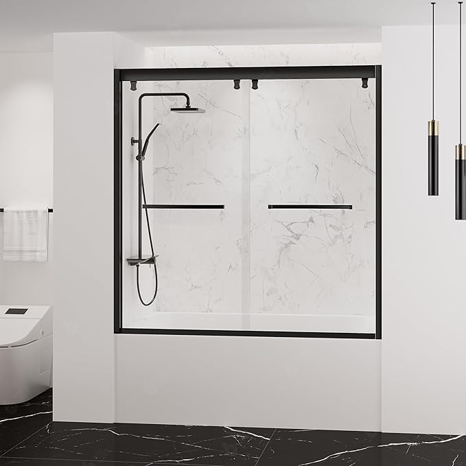 55"-59" Bathtub Double Sliding Doors,Semi-Frameless Water Repellent Tub Door, Bypass Bathtub Shower Door with 5/16"(8mm) SGCC Clear Tempered Glass, Explosion-Proof Film, Stainless Steel Hardware