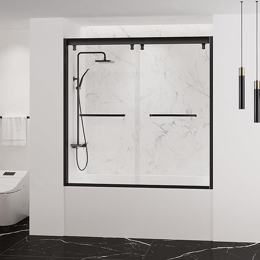 55"-59" Bathtub Double Sliding Doors,Semi-Frameless Water Repellent Tub Door, Bypass Bathtub Shower Door with 5/16"(8mm) SGCC Clear Tempered Glass, Explosion-Proof Film, Stainless Steel Hardware