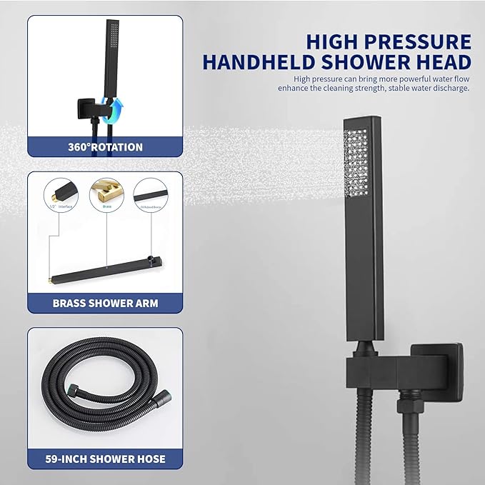 BWE Black Shower Faucet Set, 12 Inch Square Rain Shower Head and Handle Set Bathroom Shower System Sets Complete Combo 2-Functions Pressure Balancing Wall Mount Rainfall Shower Mixer Valve
