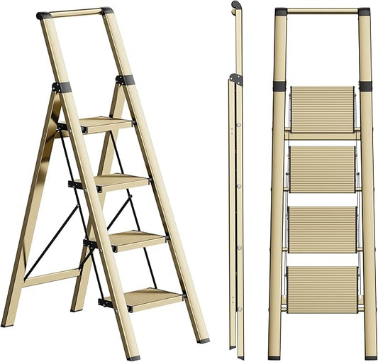 4 Step Ladder, Folding Step Stool with Anti-Slip Wide Sturdy Pedal and Handgrip, Portable Lightweight Aluminum Stepladder, 300 lbs Capacity, Multi-Use for Home, Library - Brown Gold