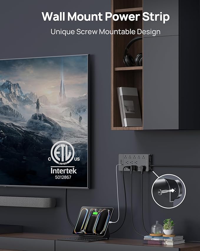 TROND Surge Protector Power Strip 15 ft Cord - Long Extension Cord, 13 Widely-Spaced Outlets Expansion with USB C Ports, 4000 Joules, Flat Plug, Wall Mount, ETL Listed, Office Desk Accessory, Black