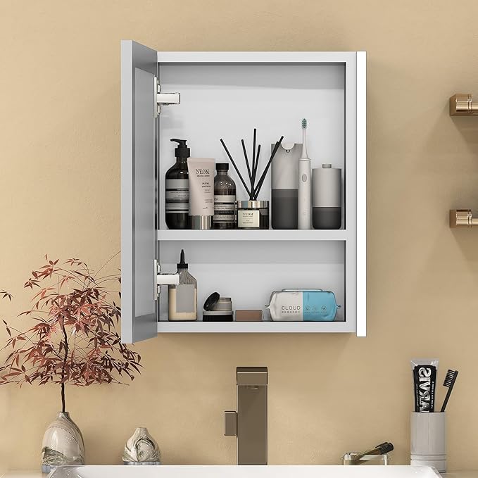 16x20 Inch Medicine Cabinet with LED Light Mirror, Brightneess Adjustable and Full-Assembled Bathroom Aluminum Cabinet with Storage, Surface or Recessed Tempered Cabinet, Farmhouse Sliver