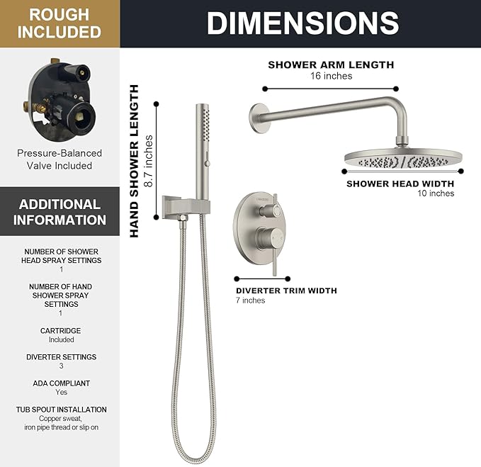 Lava Odoro Modern 2-Setting Round Rain Shower System, Brushed Nickel Rainfall Shower Faucet Set Rain Shower Head and Handle Set, Shower Valve Trim Kit,10 Inch, Brushed Stainless, SF104-BN