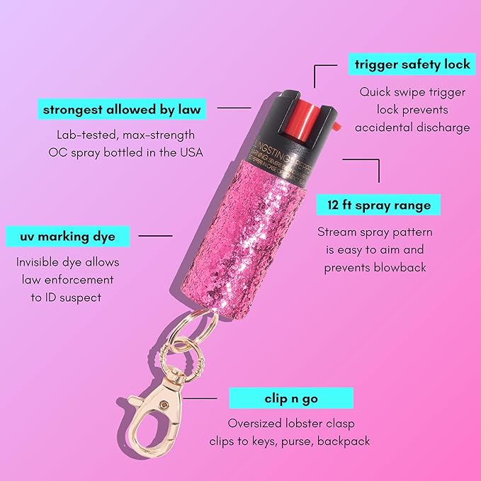 BLINGSTING 3-in-1 Women's Safety Kit - Professional Grade Pepper Spray - High Voltage Mini Stun Gun - Self-Defense Security Alarm - UV Dye - Glitter