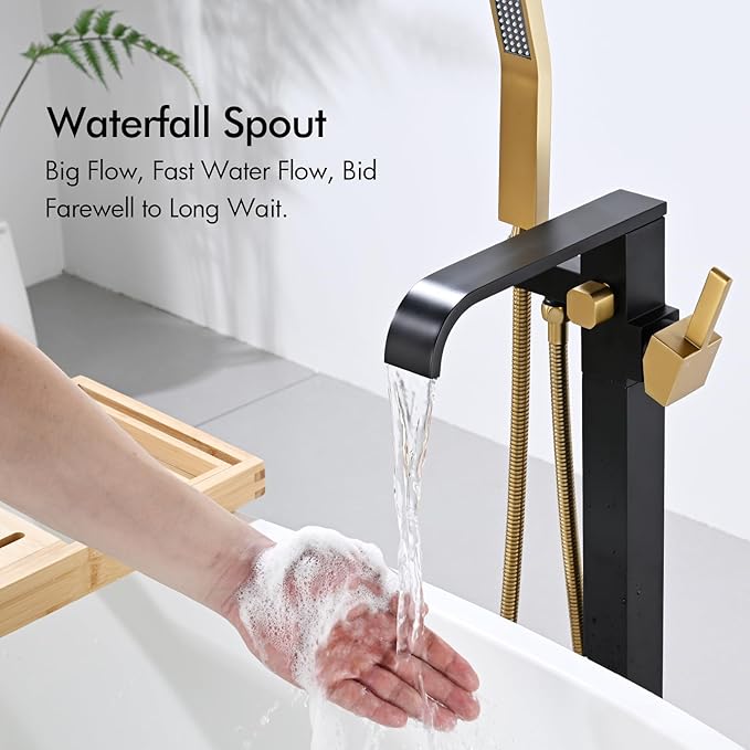 BAGNOLUX Solid Brass Floor Mount Bathtub Faucet Free Standing Tub Faucet Freestanding Tub Filler Black Gold High Flow Rate Swivel Spout with Hand Shower, ‎YGSLT-FANG-Black+Gold